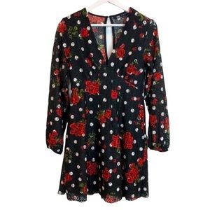 Zara Black Red Rose Polka Dot Dress